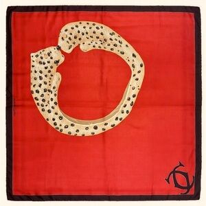 Vintage Cartier Red Panther Silk Scarf 100% Silk Paris Luxury Designer Carré